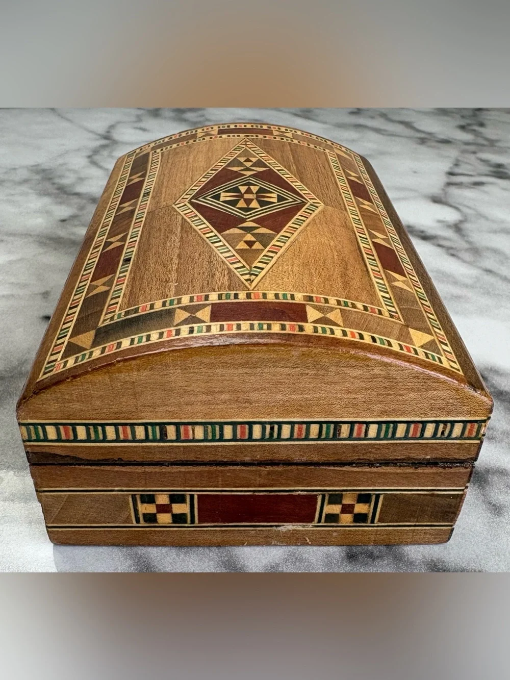 Vintage Geometric Mosaic Inlaid Wood Jewelry Box Red Velvet